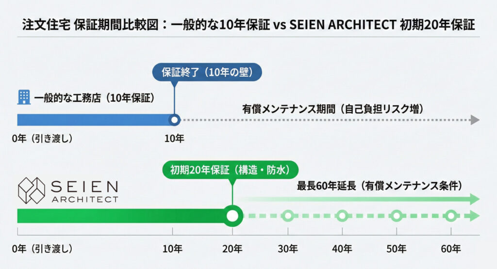 注文住宅の保証期間比較図 初期20年と一般的な10年保証の違い