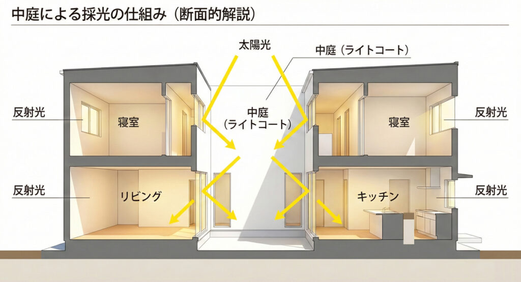 中庭（ライトコート）を通じて、家中の各部屋に光が届く仕組みを説明した断面図 