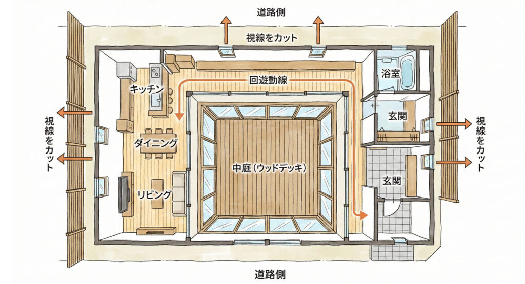 中庭を中心とした回遊動線と、外部からの視線を遮る間取り図の例